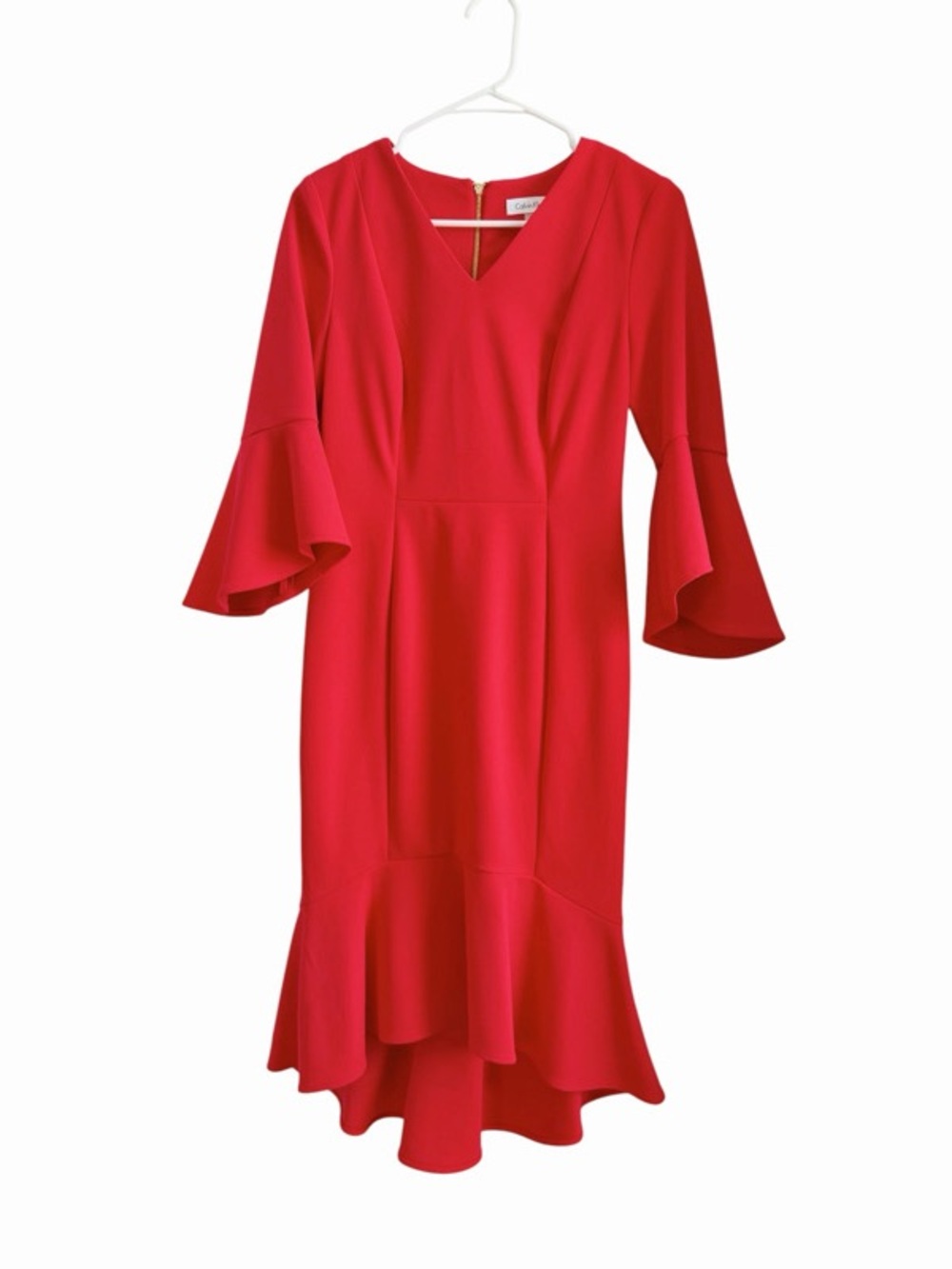Women's Red Ruffle Hem Bell Sleeve Dress